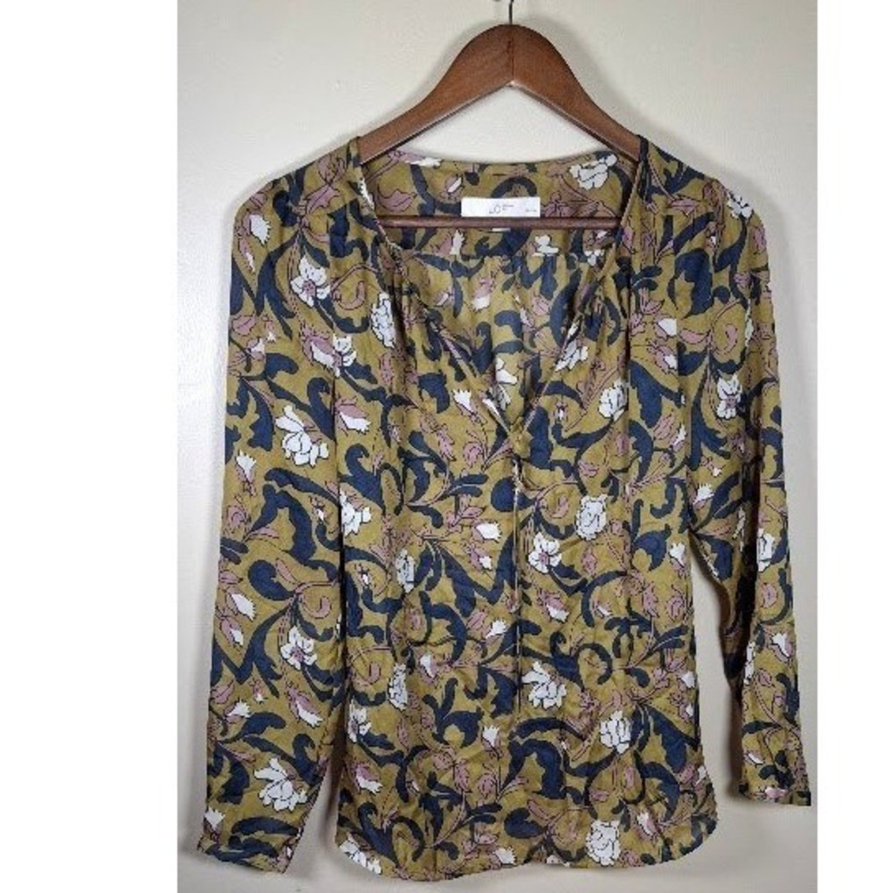 LOFT Petites Floral Long Sleeve Blouse Mustard Navy Blue White XSP